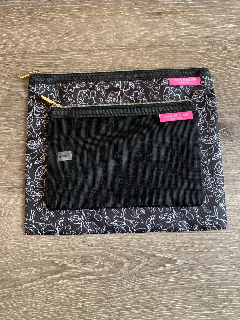 Isaac Mizrahi Black Floral Mesh and Zip Cosmetic Pouches with Pink Logo Tabs